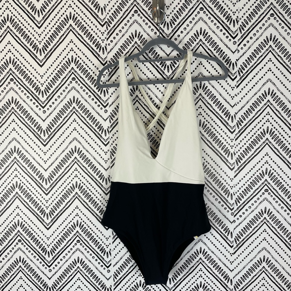 Women Summersaly Cream Black Colorblock One Piece Deep Dive Swimsuit Sz 14